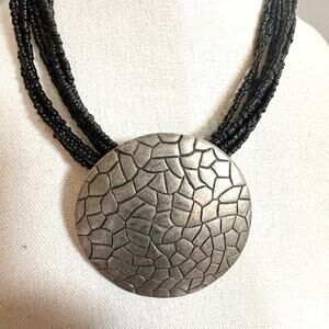 Brutalist Black Bead Necklace Round Circle Bold Silver tone Medallion Choker